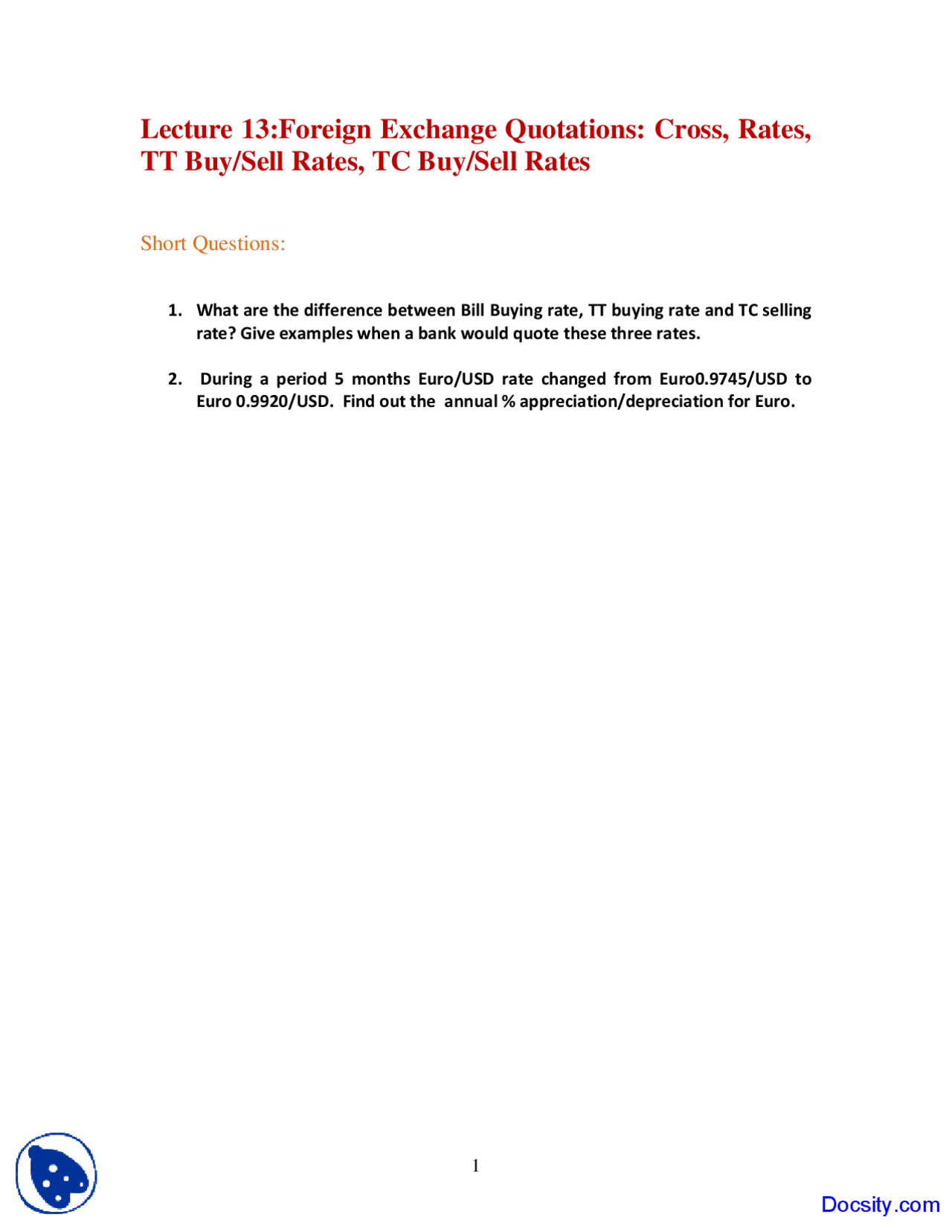 Cross and TT, TC Rates - International Finance - Quiz - Docsity