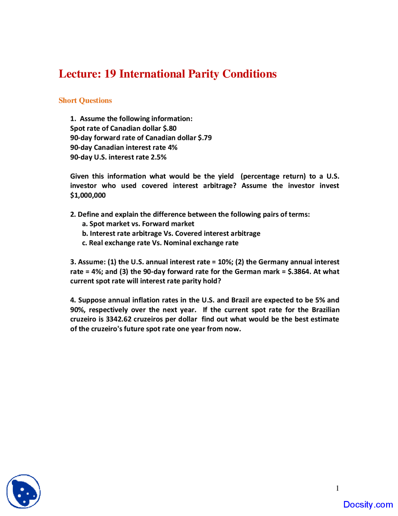 International Parity Conditions - International Finance - Quiz - Docsity