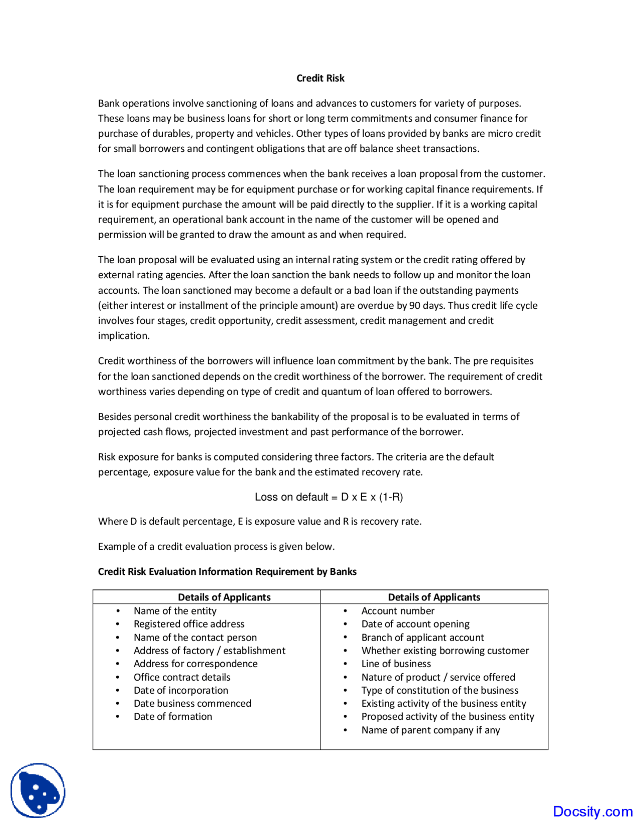 Credit Risk - Bank Management - Study Notes - Docsity