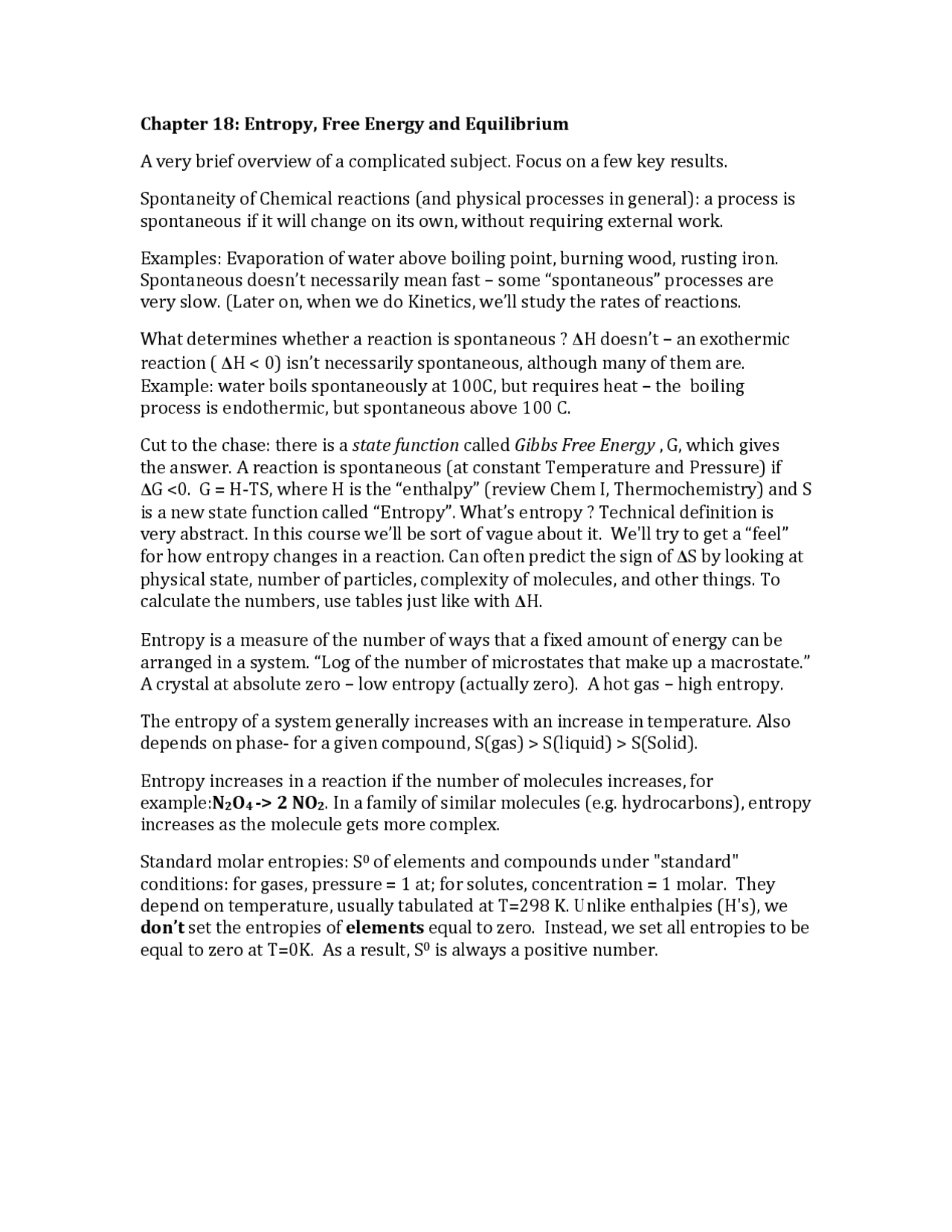 Lecture Notes for Entropy, Free Energy and Equilibrium - General ...