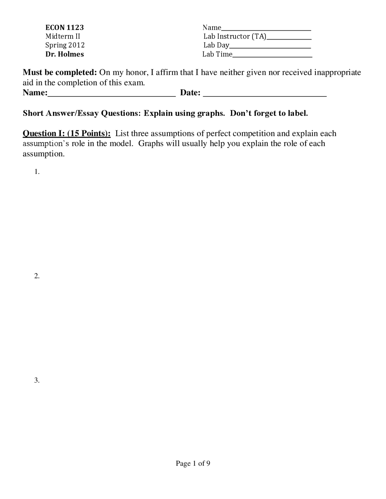 Sample Questions for Exam 2 - Principle of Economics-Microeconomics ...