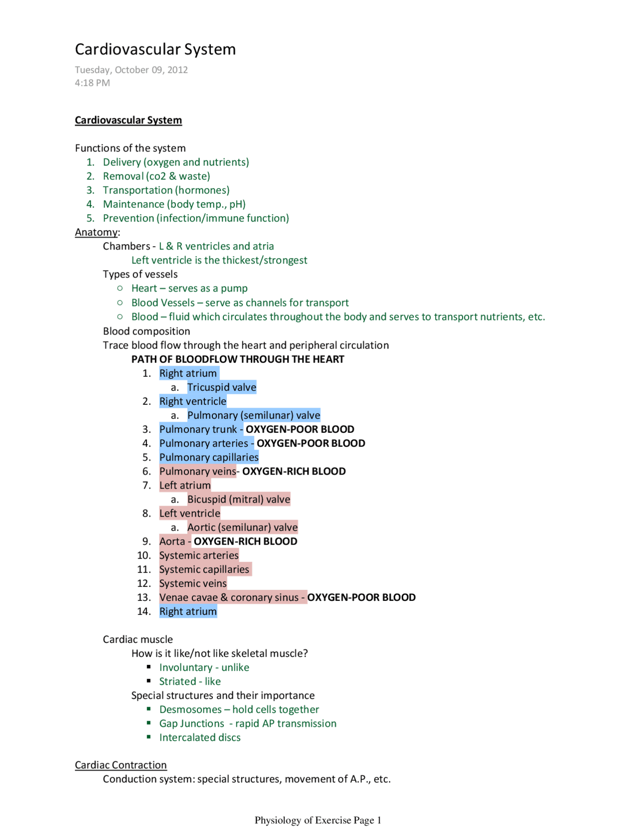 Cardiovascular System - Physiology of Exercise - Lecture Notes | ES 348 ...