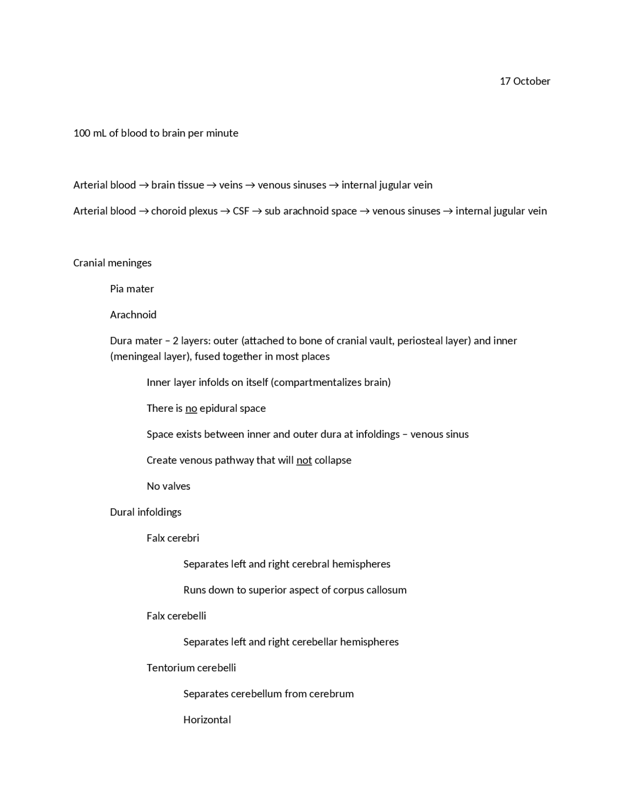 Notes on Blood to Brain | Human Gross Anatomy | BMS 301 - Docsity
