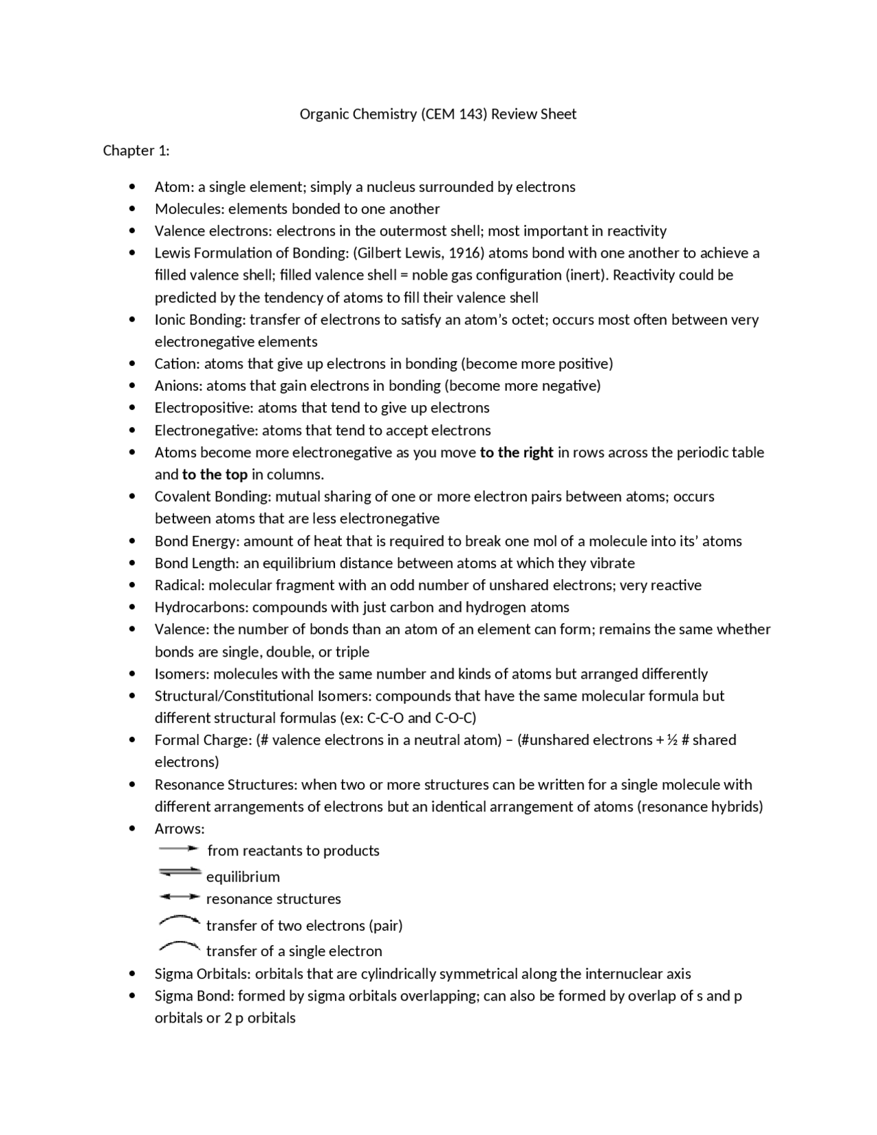 Exam 1 Review Survey of Organic Chemistry CEM 143 Study notes Organic Chemistry Docsity