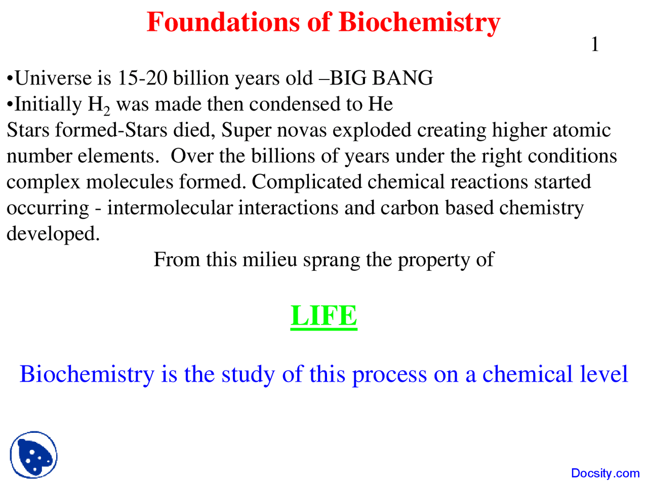 Foundations of Biochemistry - Biochemistry - Lecture Slides - Docsity