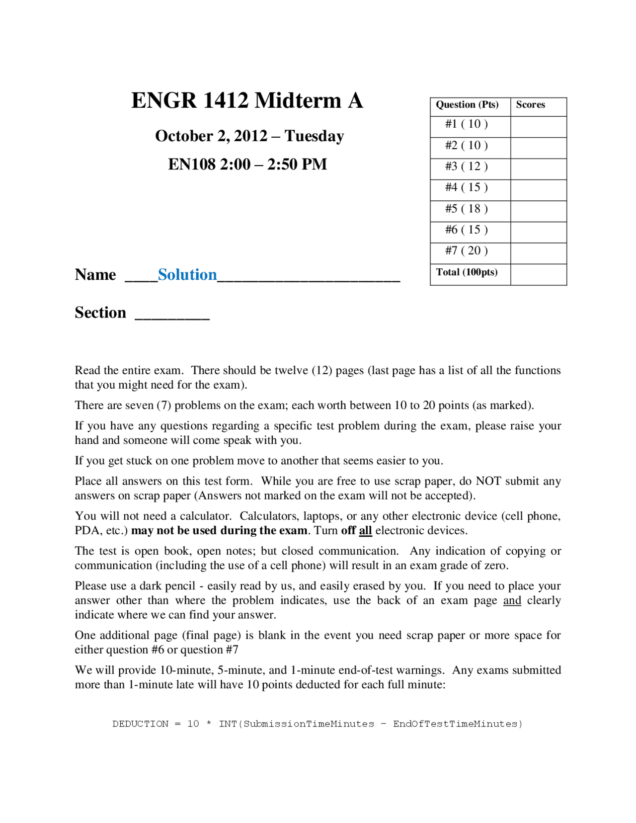 Midterm Exam A Solutions for Engineering Computer Programming | ENGR ...