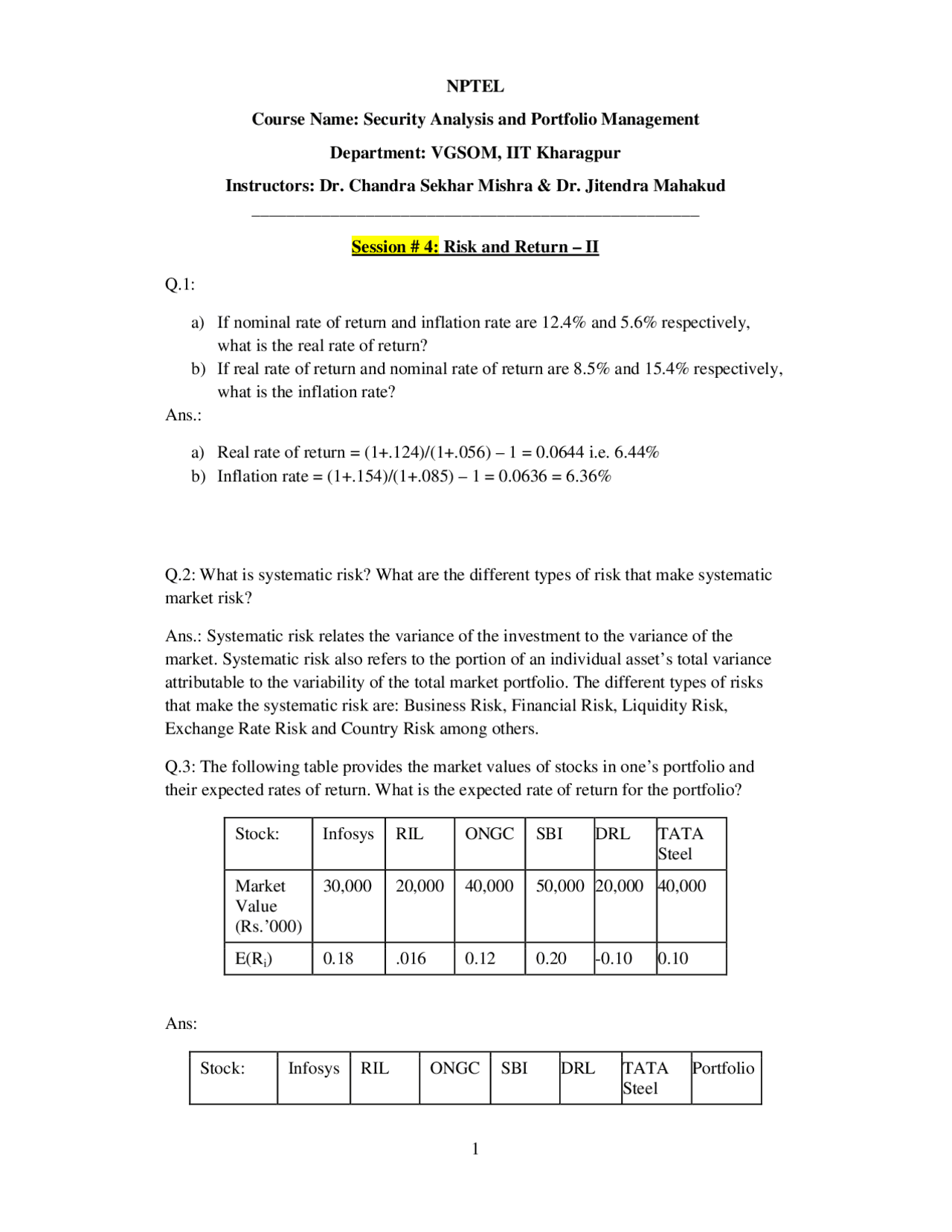 Systematic Risk - Security Analysis and Portfolio Management - Solved ...