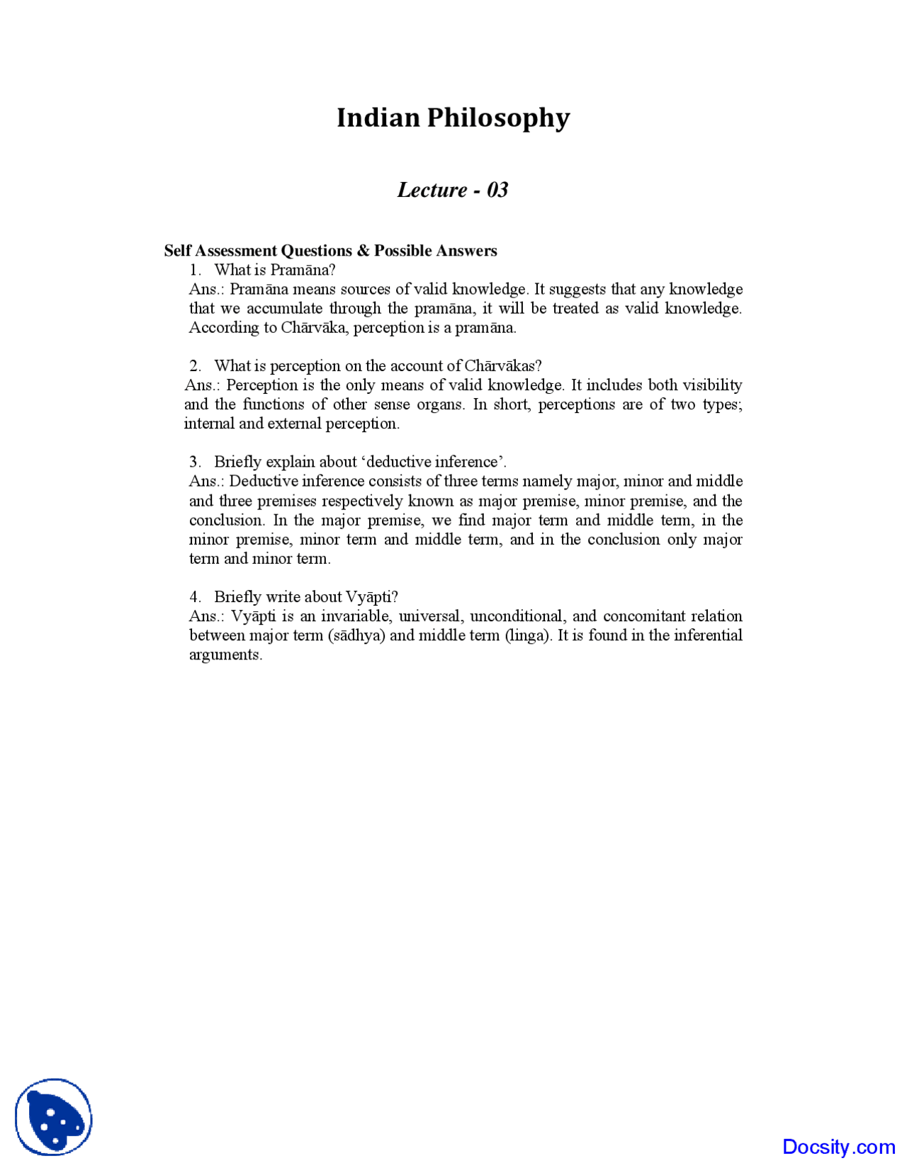 Pramana - Indian Philosophy - Solved Quiz - Docsity