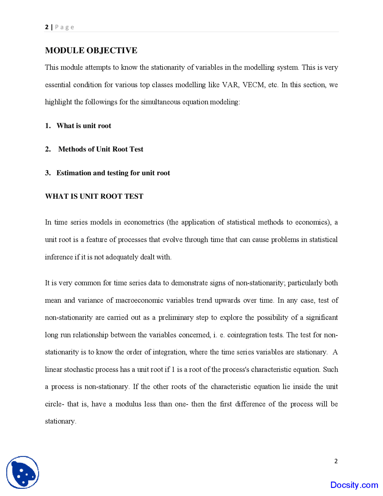 Unit Roots Test Econometric Modeling Lecture Notes Docsity
