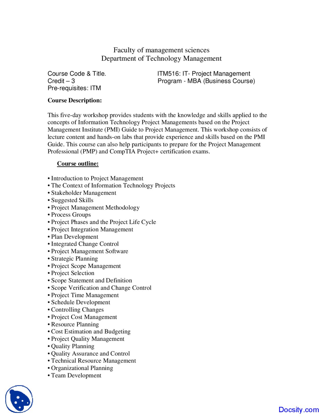 Project Development Course Outline Project Management - Management Sciences - Course Outline - Docsity