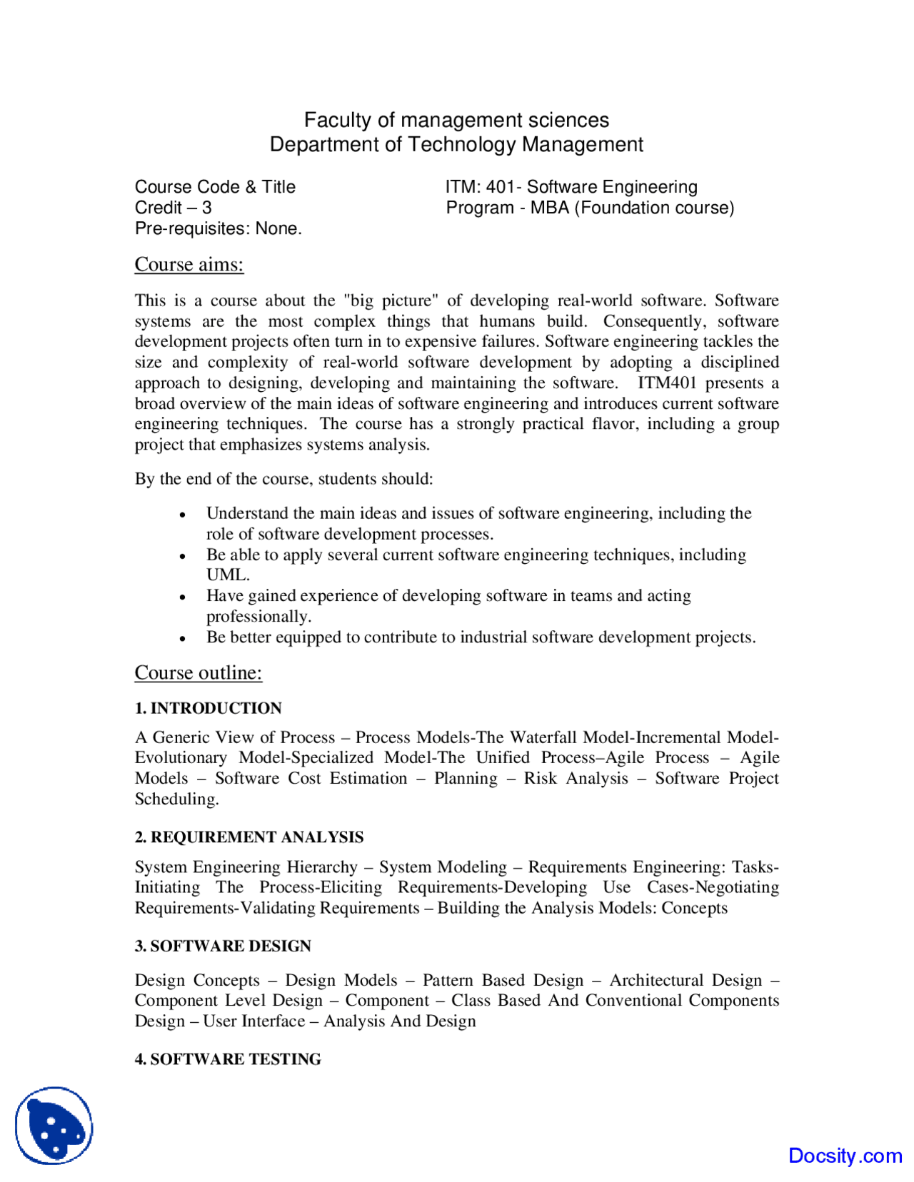 Software Engineering - Management Sciences - Course Outline - Docsity