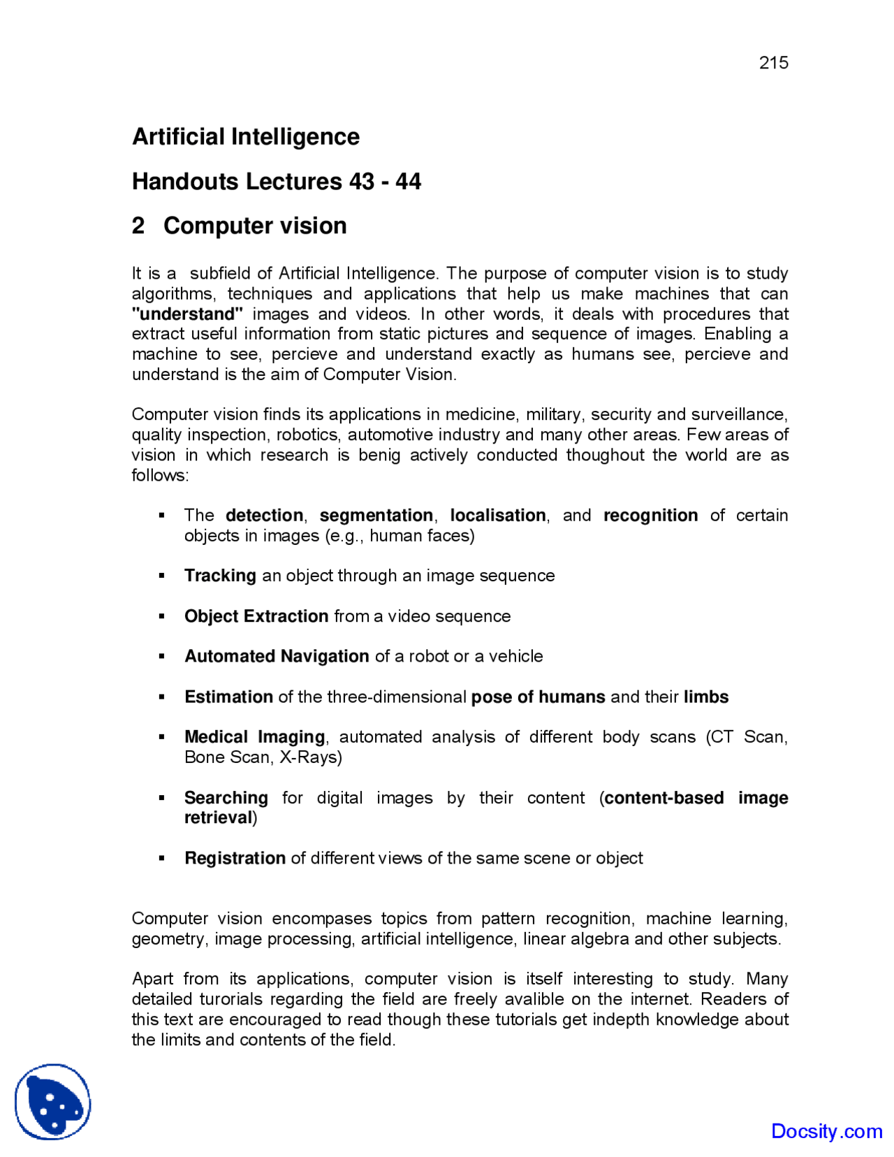 Computer Vision - Artificial Intelligence - Lecture Notes - Docsity