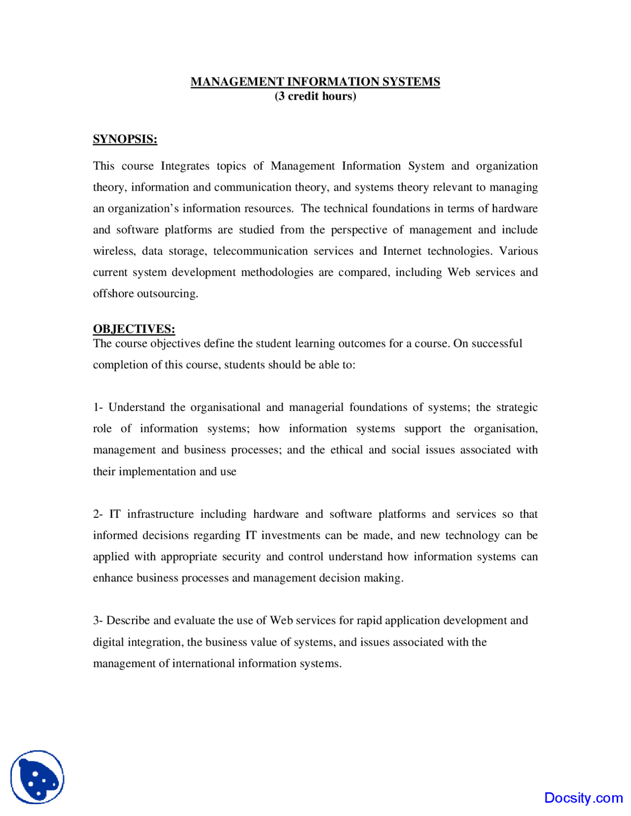 Management Information System - Management Sciences - Course Outline ...