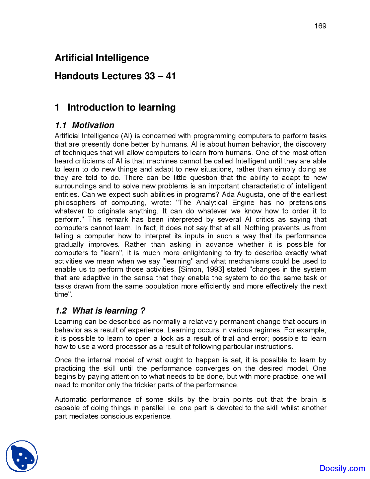 Introduction To Learning Artificial Intelligence Lecture Notes Introduction to learning artificial intelligence lecture notes