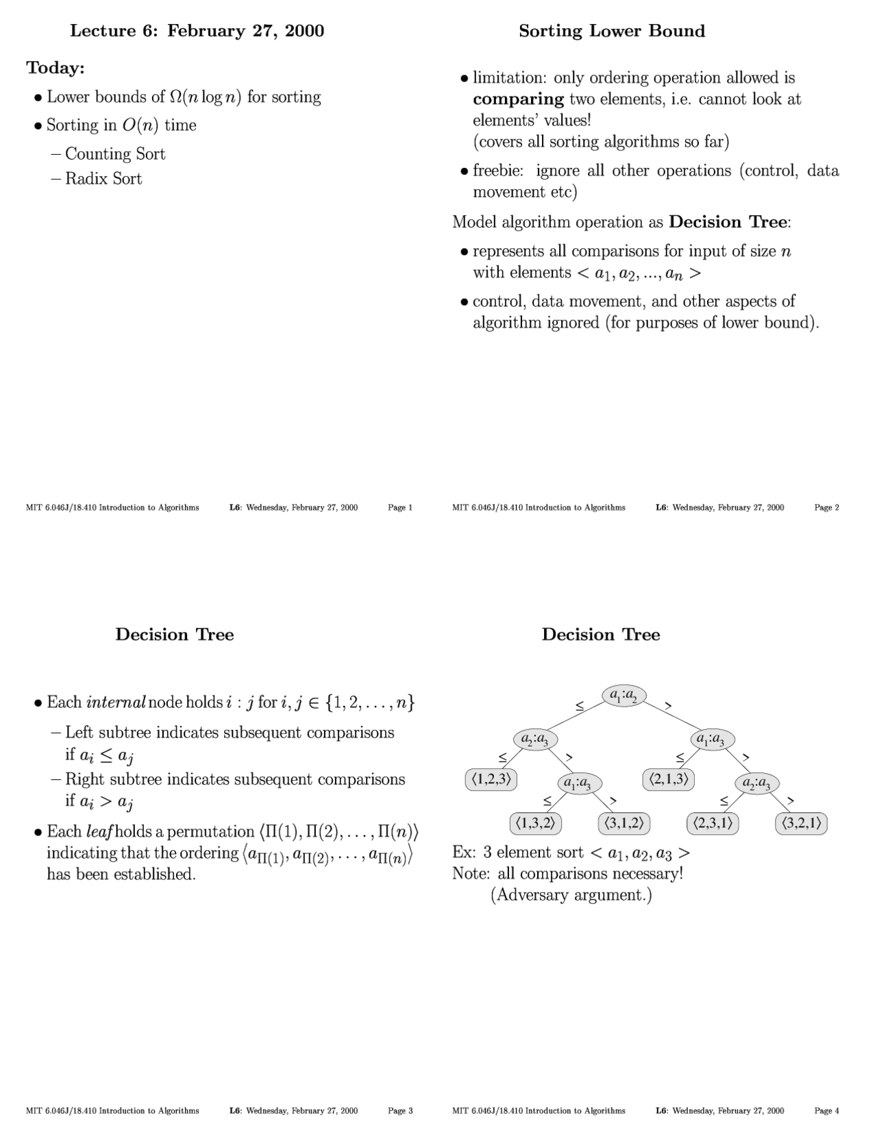 Sorting Lower Bound - Introduction to Algorithms - Lecture Notes - Docsity