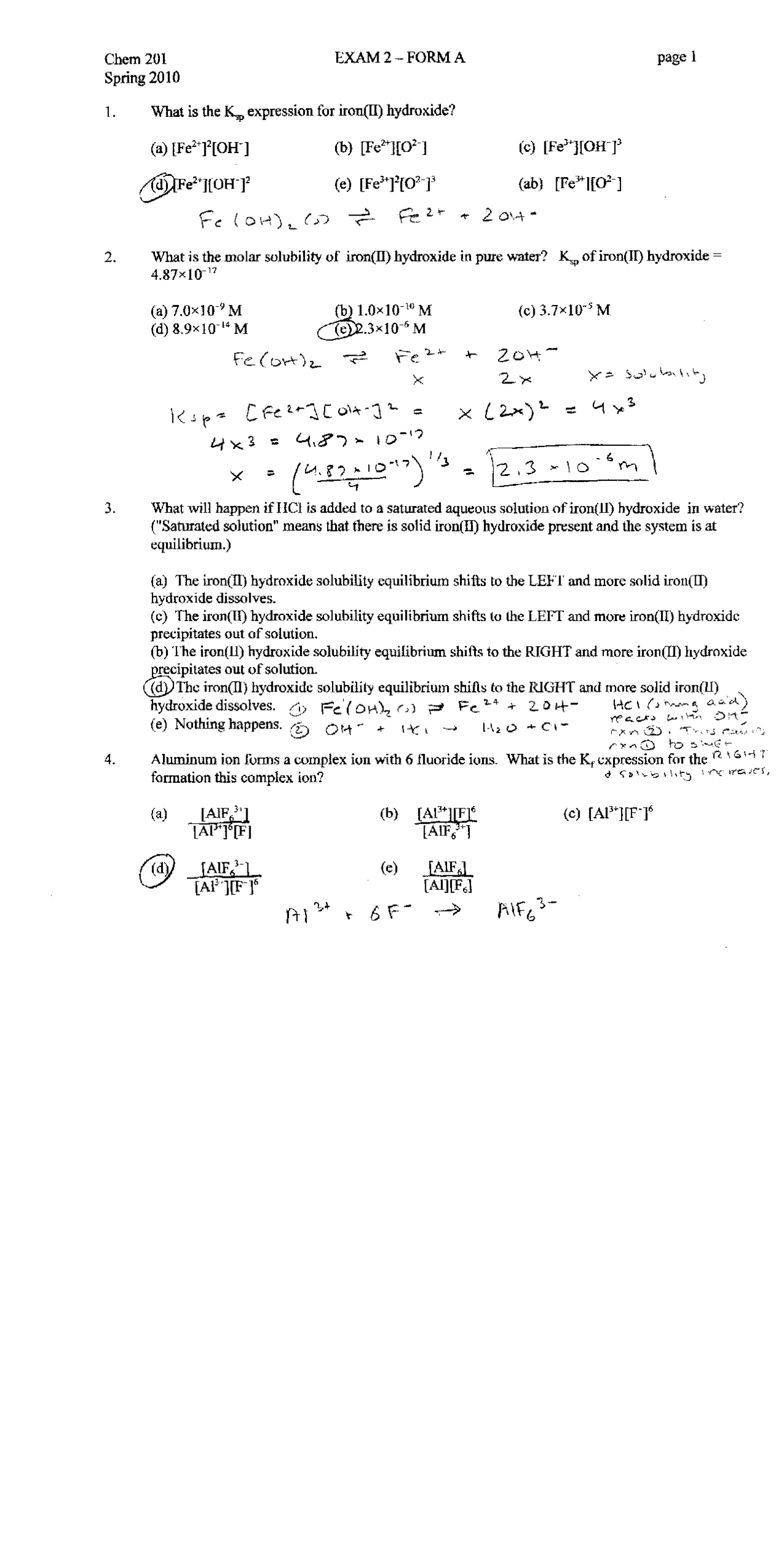 General Chemistry - Old Exam 2 Form A with Answers | CHEM 201 - Docsity