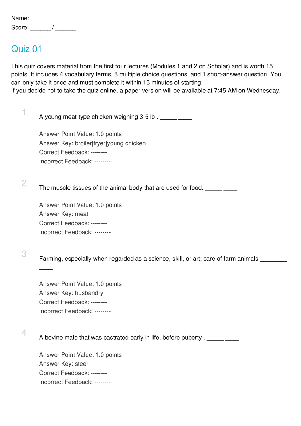 Quiz 1 Solved Questions Introduction Animal and Poultry Science