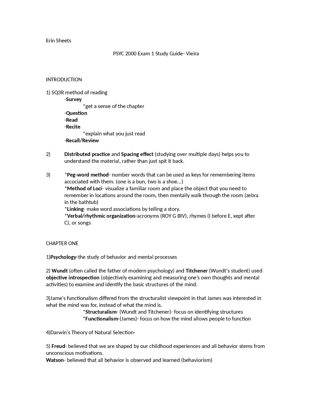 Test One Study Guide - Introduction to Psychology | PSYC 2000 - Docsity