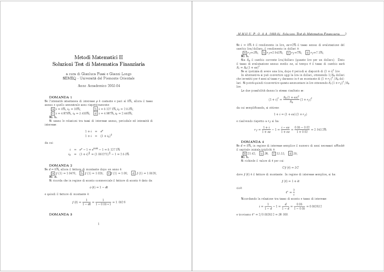 Matematica Finanziaria Esercizi Svolti Scuola Superiore