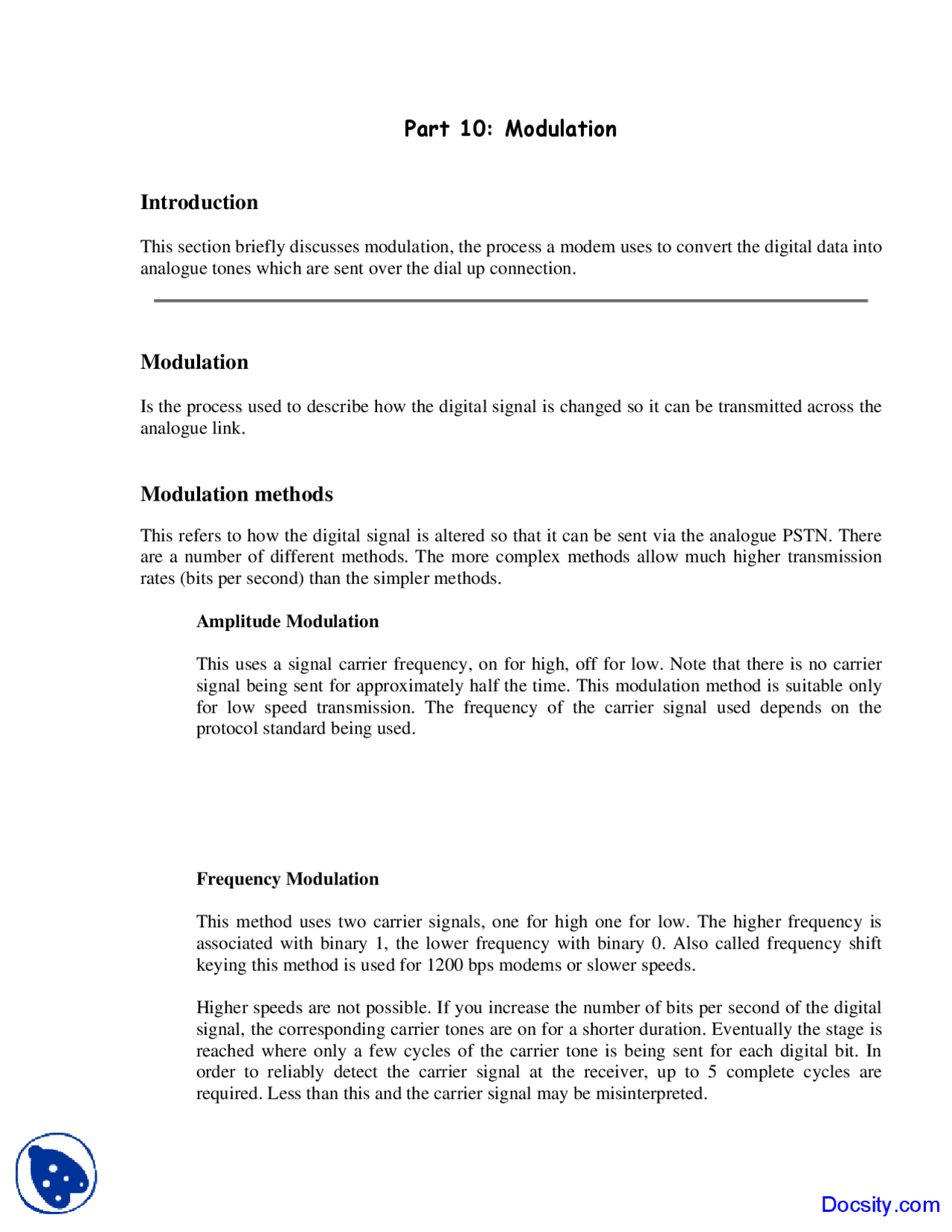 Modulation Notes Modulation, Modulation Methods - Telecommunications - Lecture Notes ...