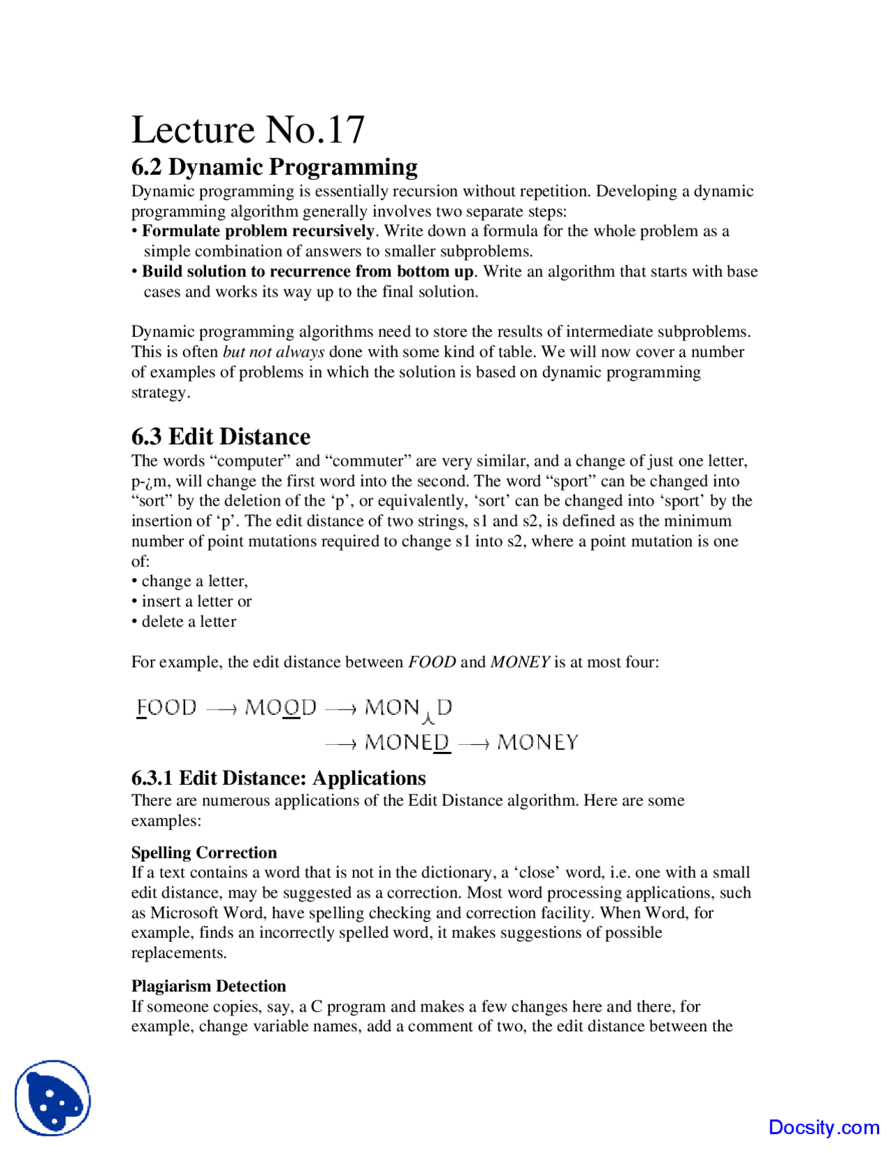 Dynamic Programming Edit Distance Dynamic Programming, Edit Distance - Design and Analysis - Study Notes ...
