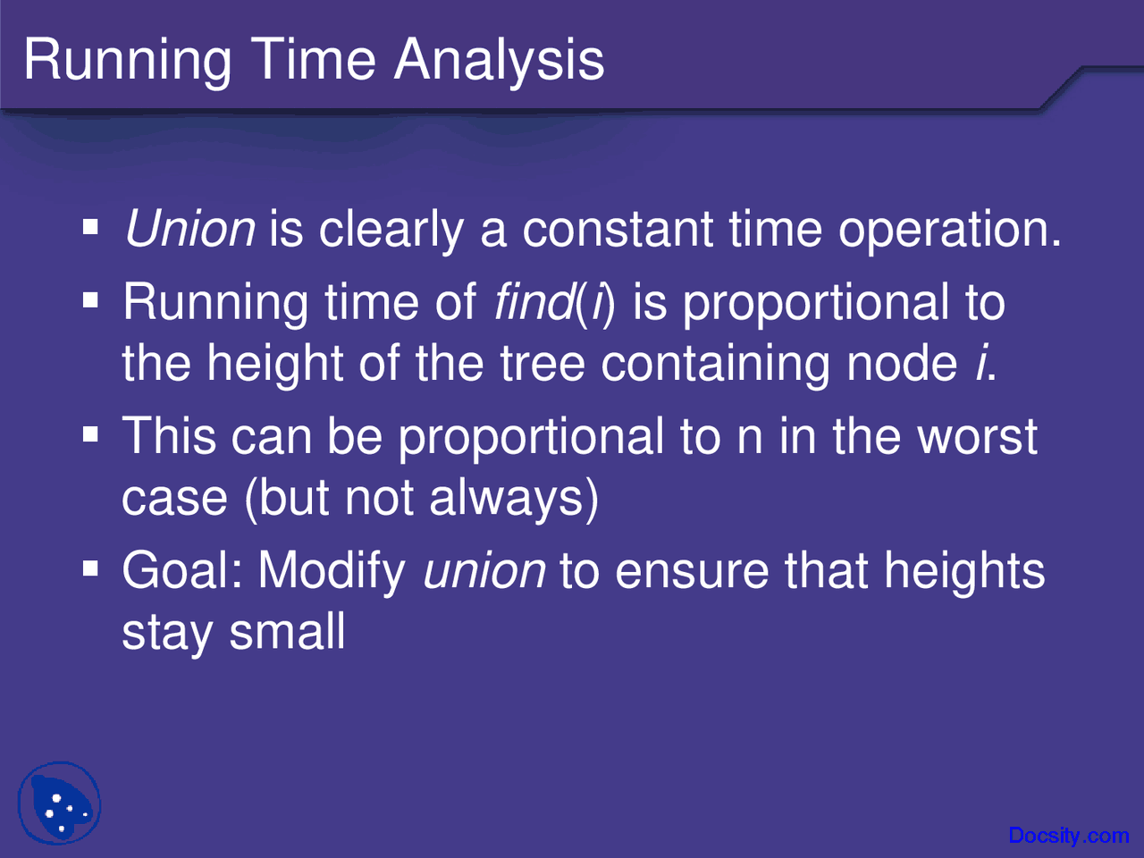 Running Time Analysis, Union - Data Stuctures - Lecture Slides - Docsity