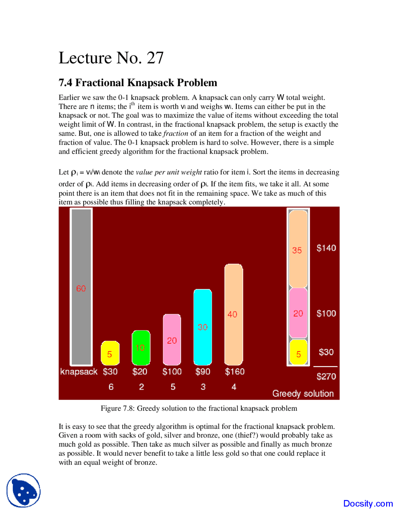 Fractional Knapsack Problem - Design and Analysis - Study Notes - Docsity