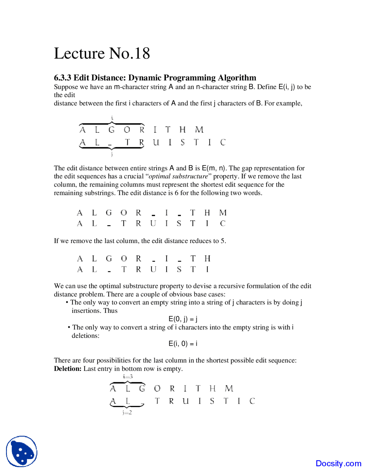 Analysis of DP Edit Distance - Design and Analysis - Study Notes - Docsity