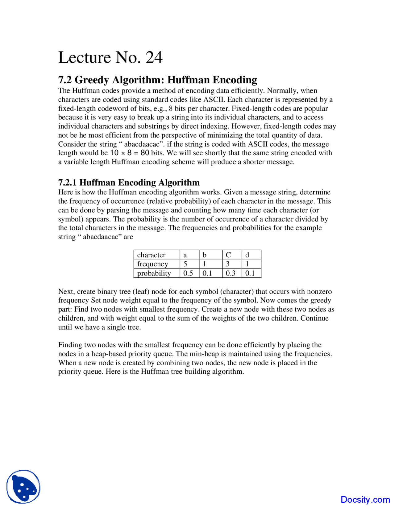 Huffman Encoding Algorithm - Design and Analysis - Study Notes - Docsity