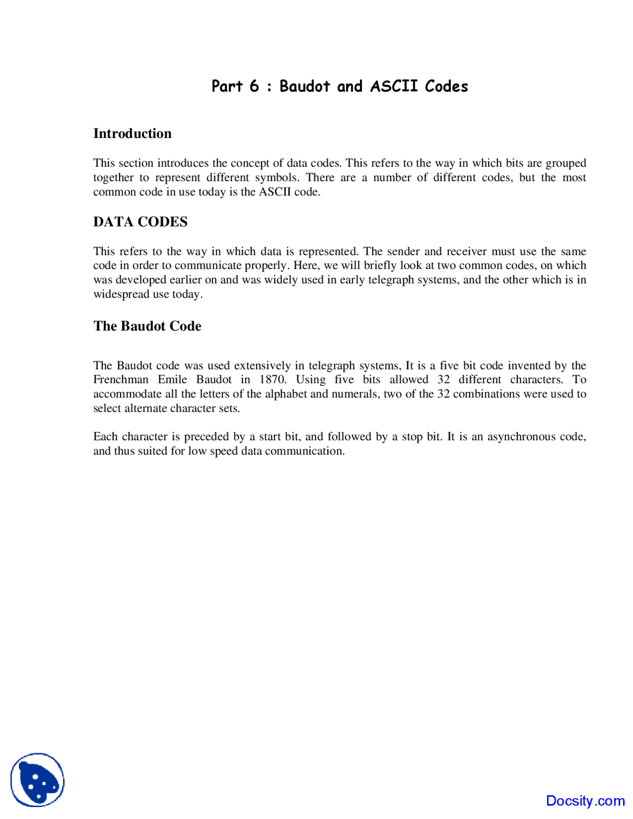 Baudot and ASCII Codes - Telecommunications - Lecture Notes | Study ...