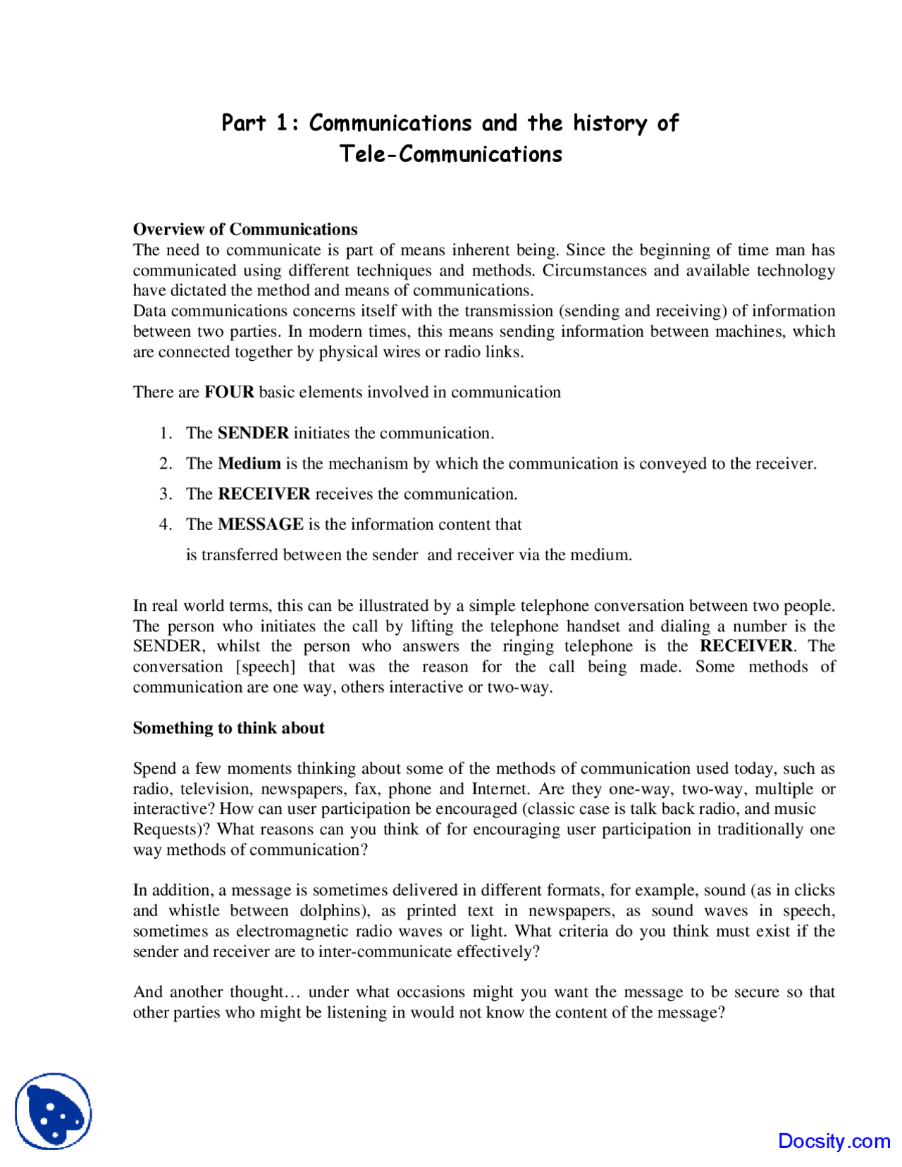 Communication, History of Lecture Notes Study notes