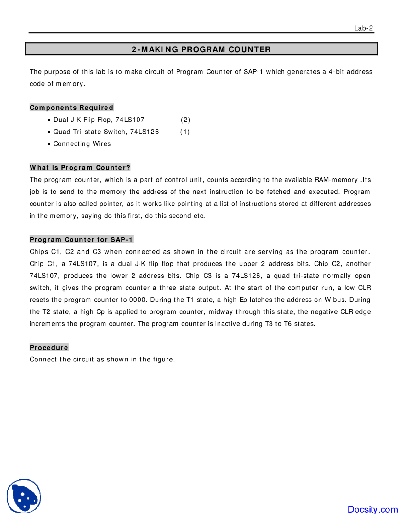 Making Program Counter - Computer Architecture - Lab Manual - Docsity
