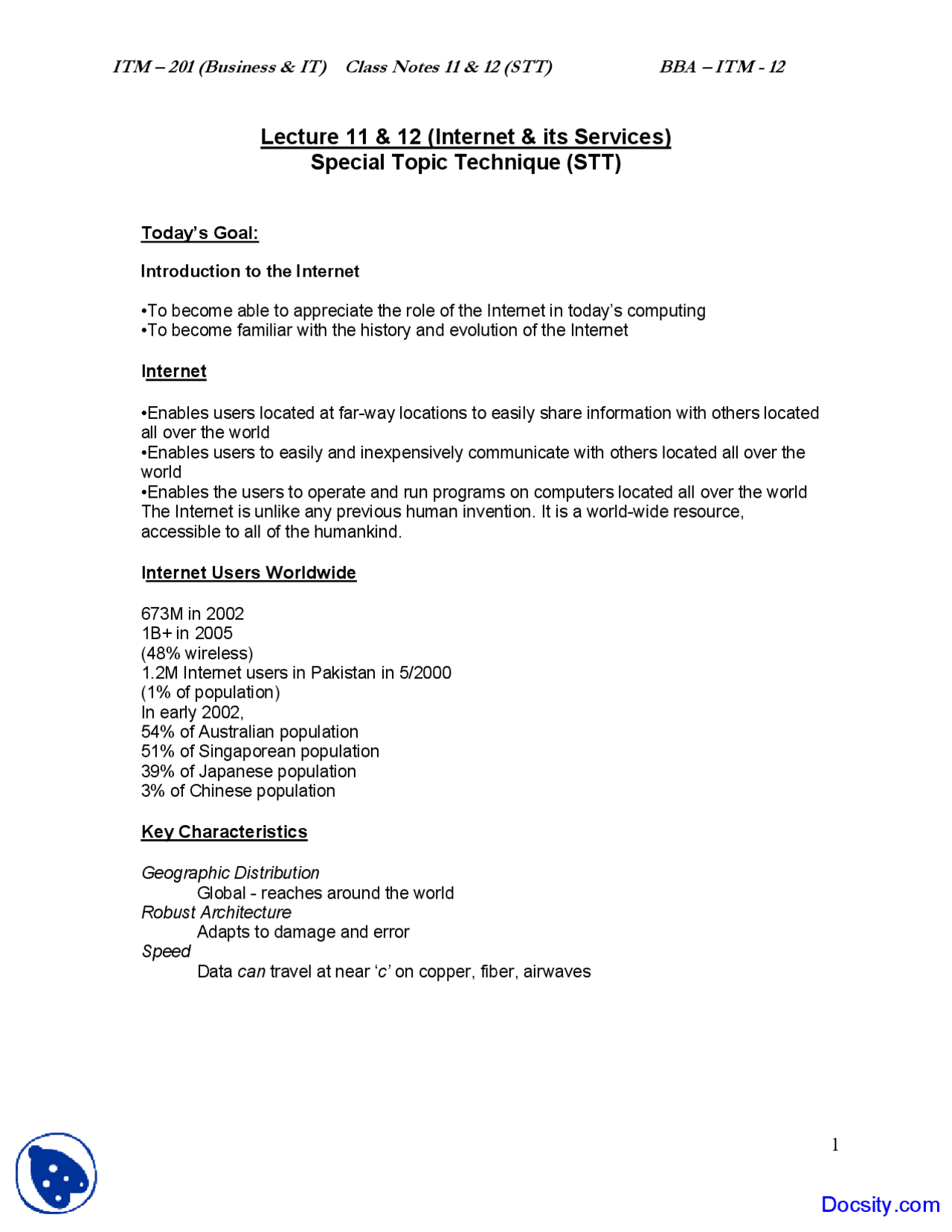 Internet Program Notes Internet and its Services - Introduction to Computing and IT - Study ...