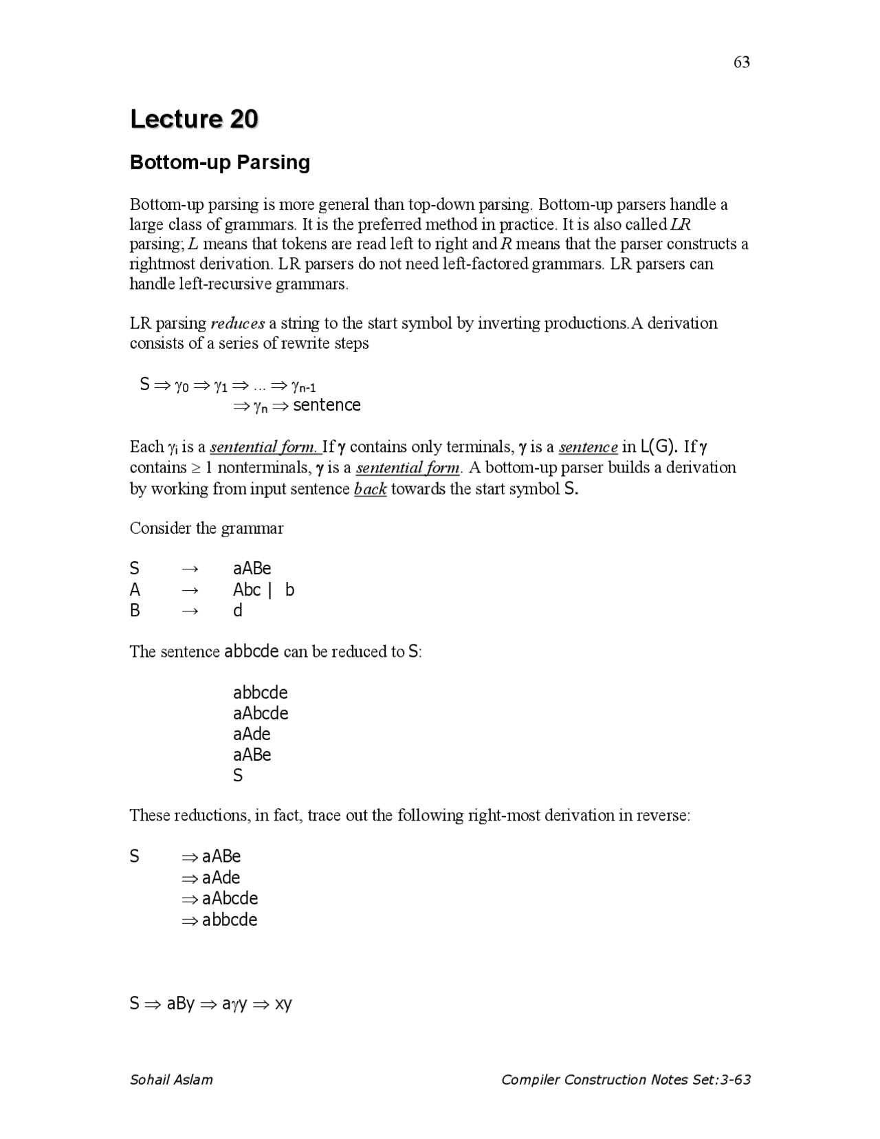 Bottom up Parsing - Compiler Construction - Lecture Notes - Docsity