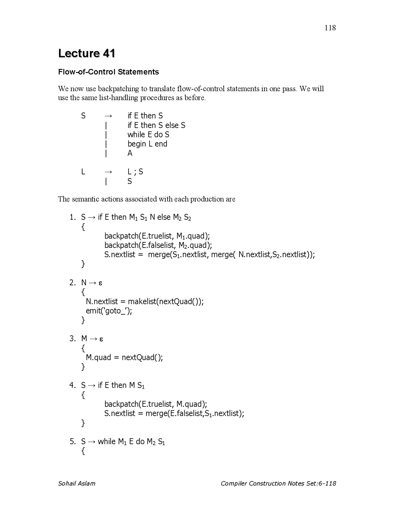 Flow of Control Statements - Compiler Construction - Lecture Notes ...