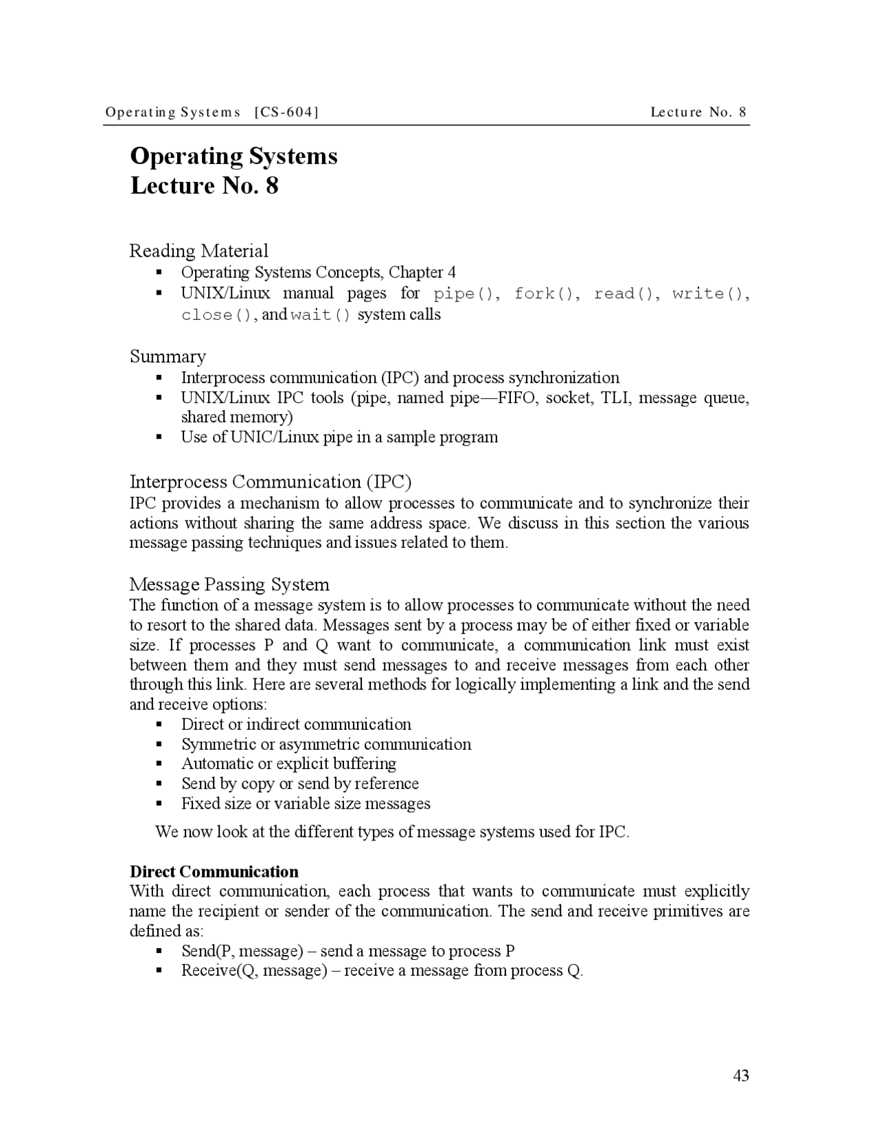 Use of Pipes in Sample Program - Introduction to Operating System ...