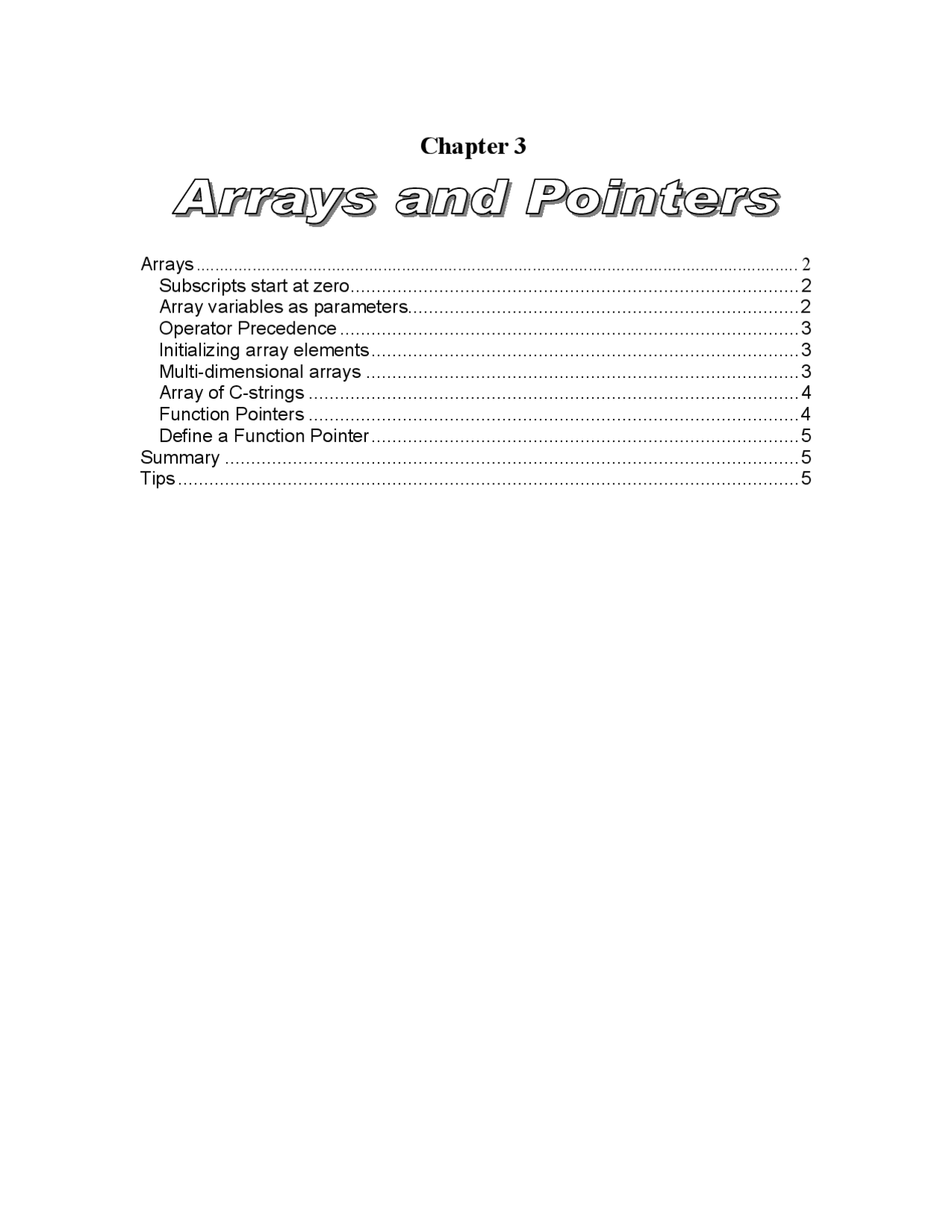 Arrays Computer Programing Notes Arrays and Pointers - Computer Programming - Lecture Notes - Docsity