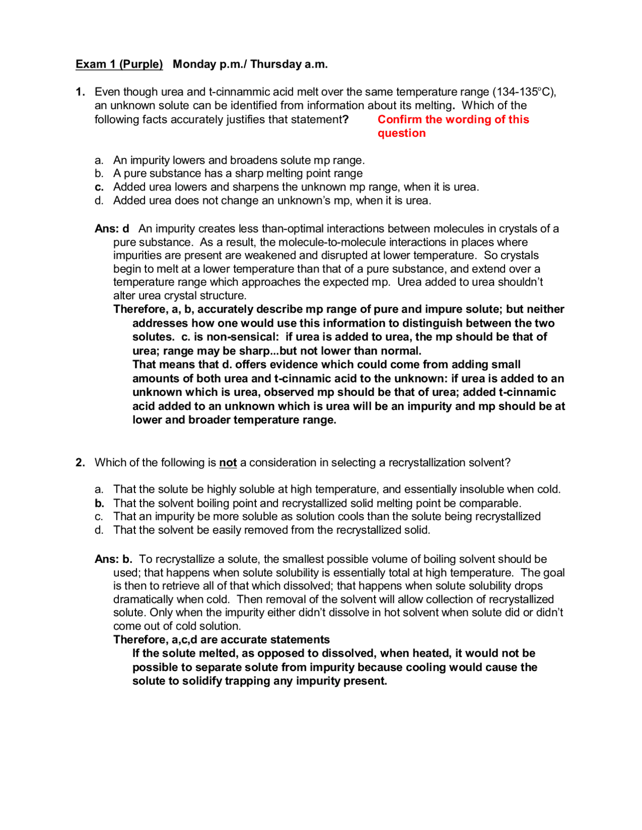 Solved Exam 1 Questions - Organic Chemistry Lab I | CHEM 232 - Docsity