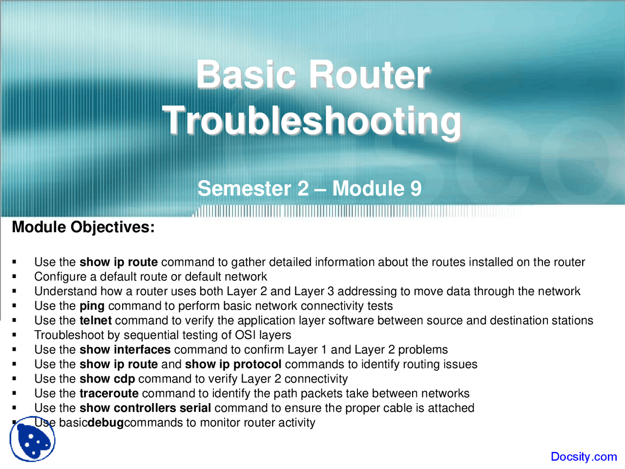 Basic Router Troubleshooting - Computer Network - Lecture Slides - Docsity