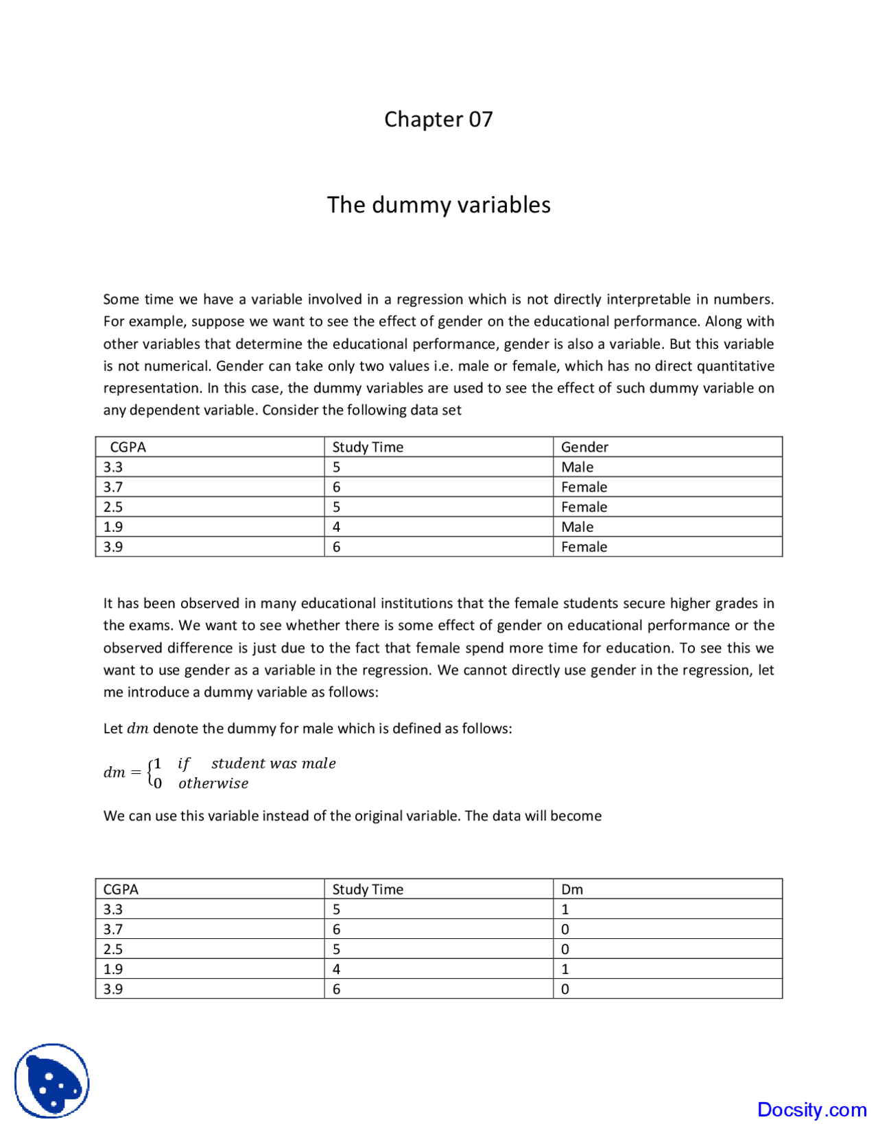 Dummy Variables Econometrics Lecture Notes Study notes