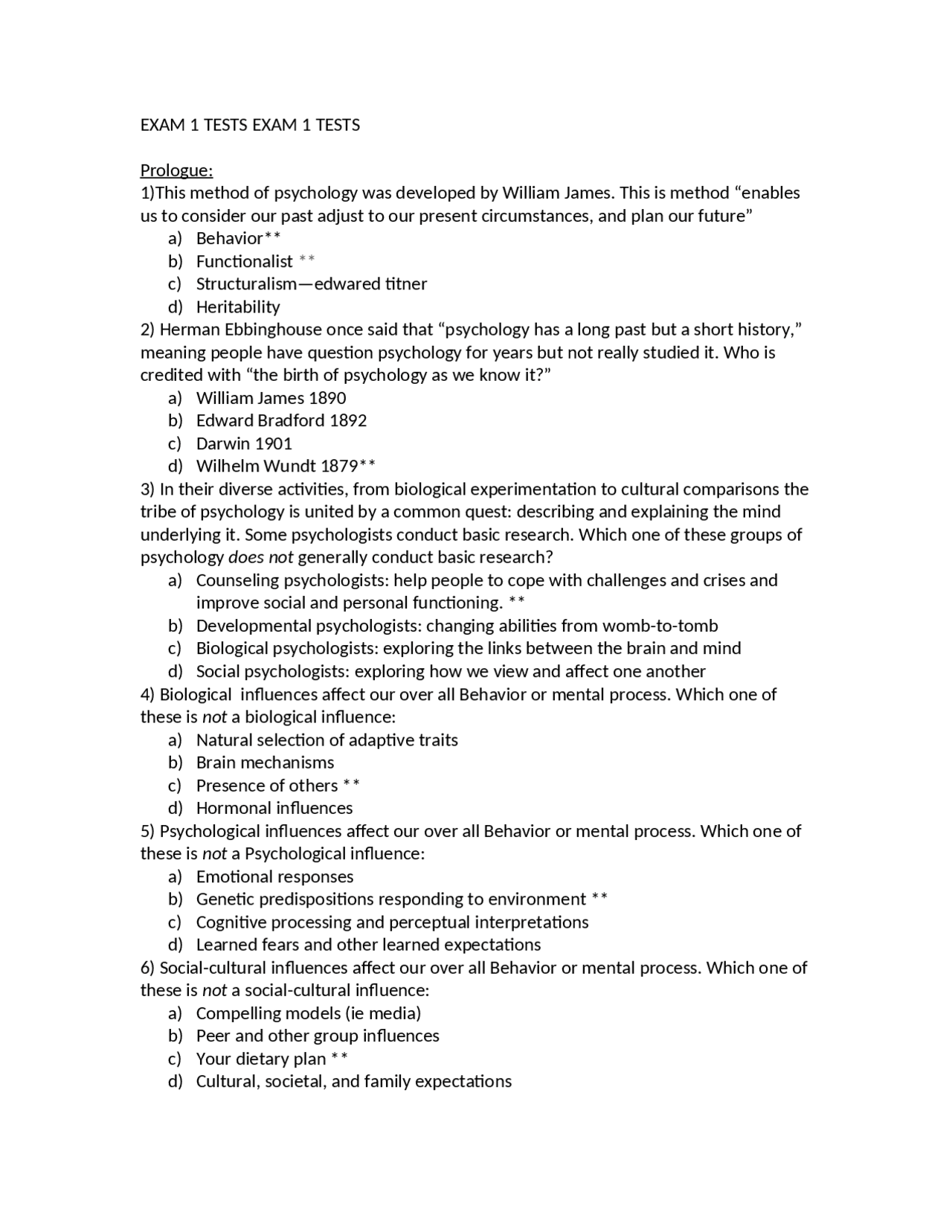 Past Exam 1 Questions - Introductory Psychology | PSY 101 - Docsity