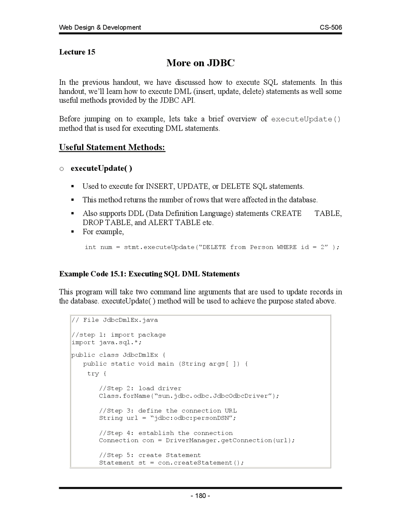 jd - software developer | pdf | java script |... More on JDBC - Web Design and Development - Lecture Handouts - Docsity