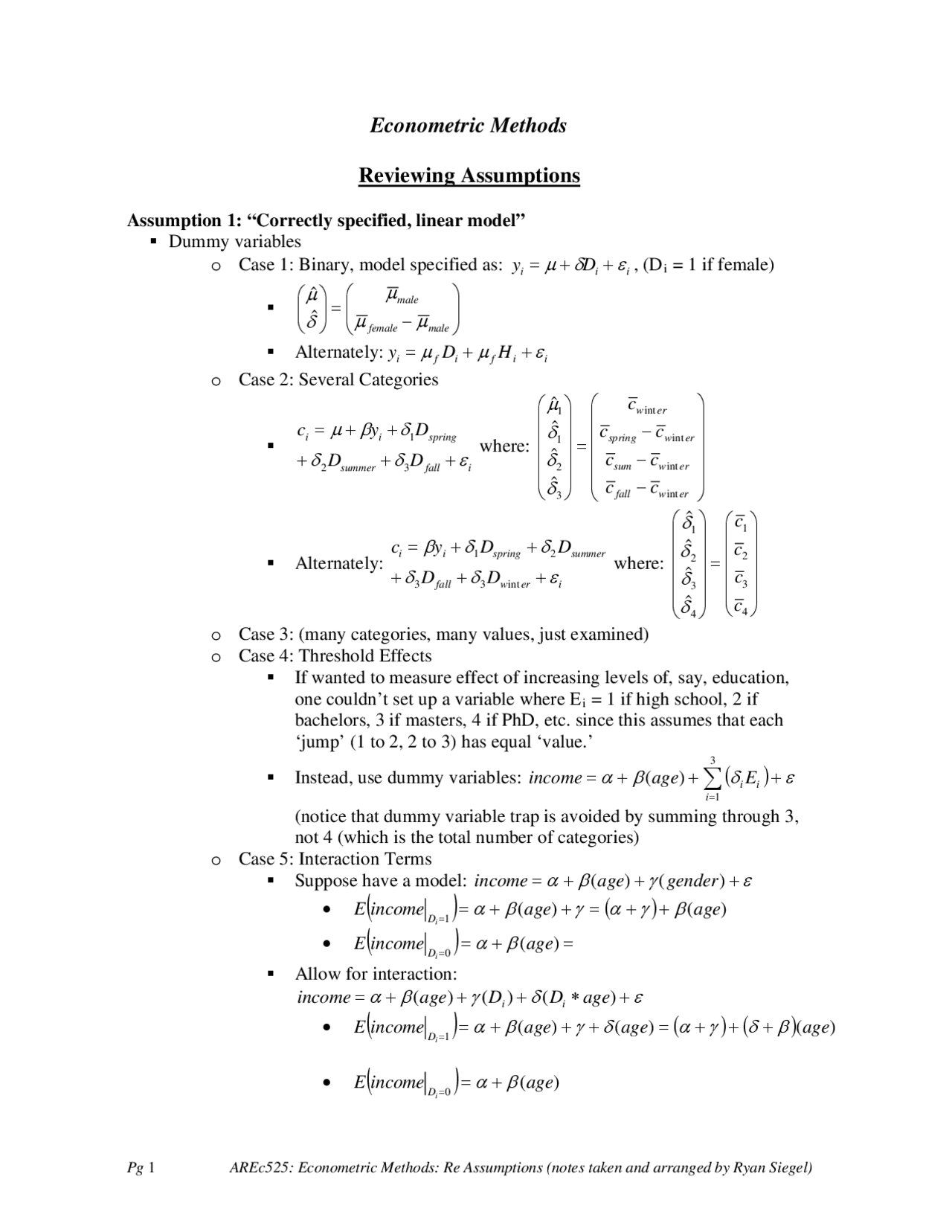 Assuming Method Reviewing Assumptions - Econometric Methods - Lecture Notes - Docsity