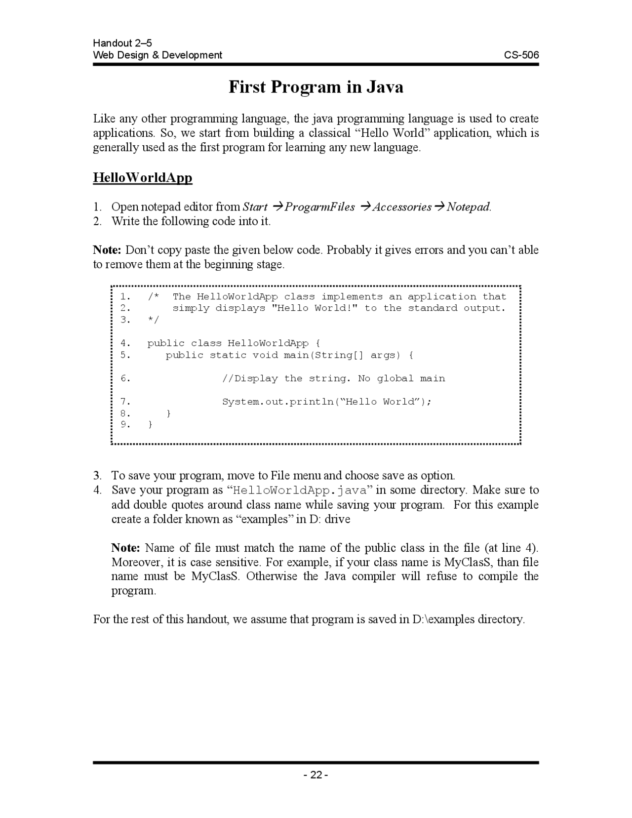 First Program in Java - Web Design and Development - Lecture Handouts ...