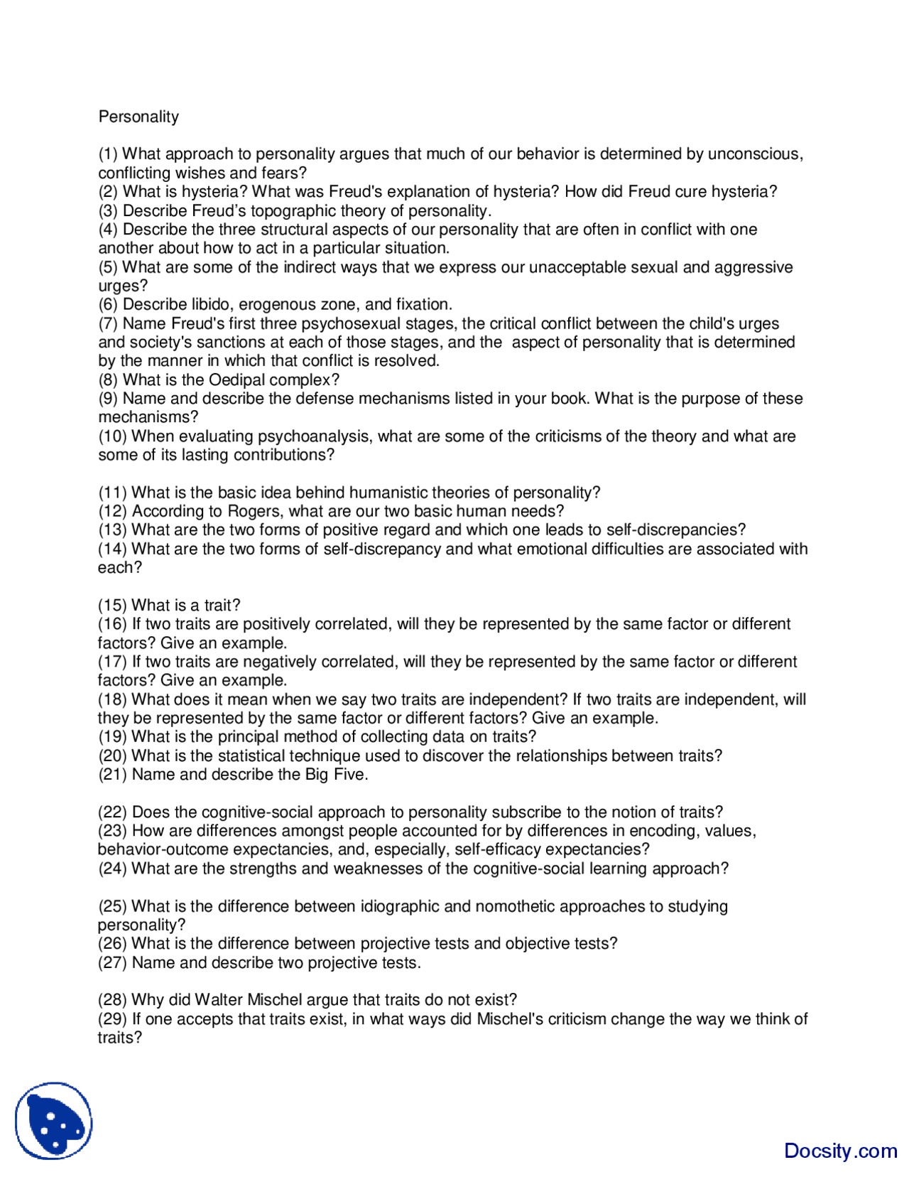 Personality - Introduction to Psychology - Questions - Docsity