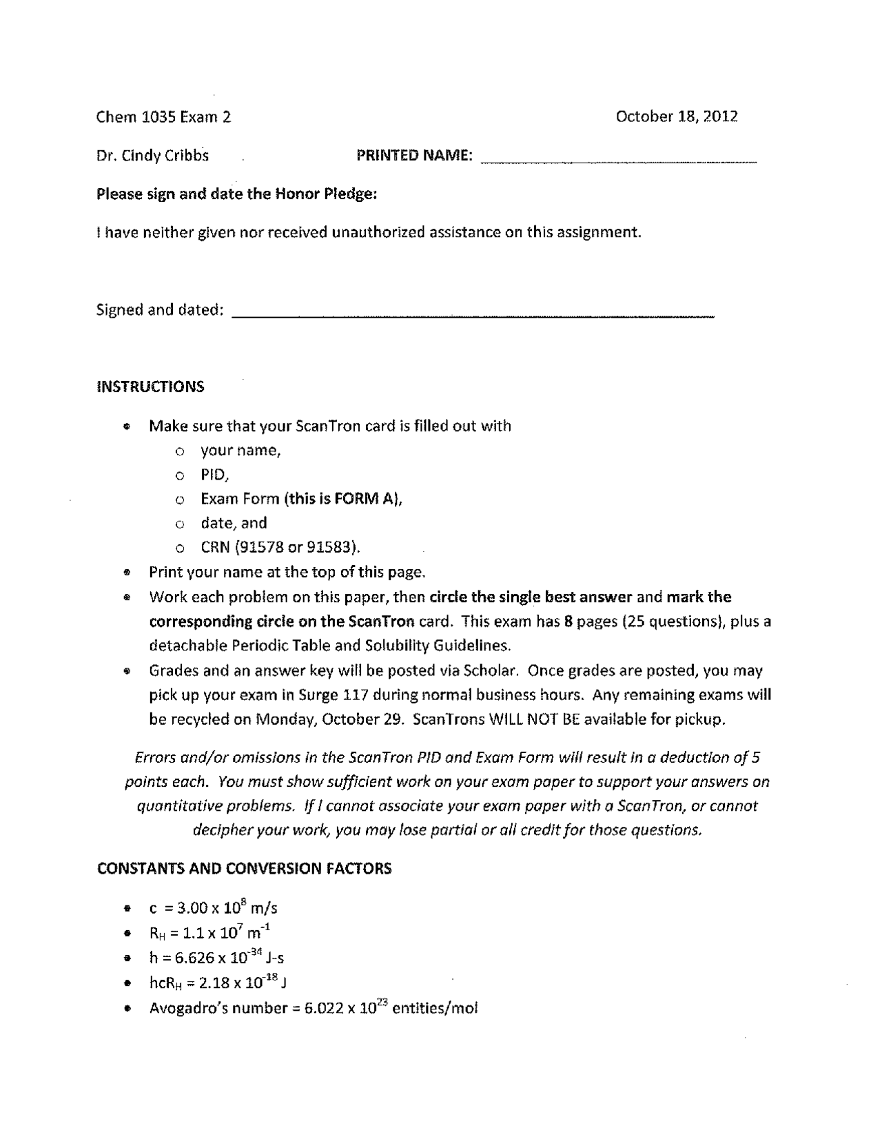 Exam 2 with Solution for General Chemistry | CHEM 1035 - Docsity