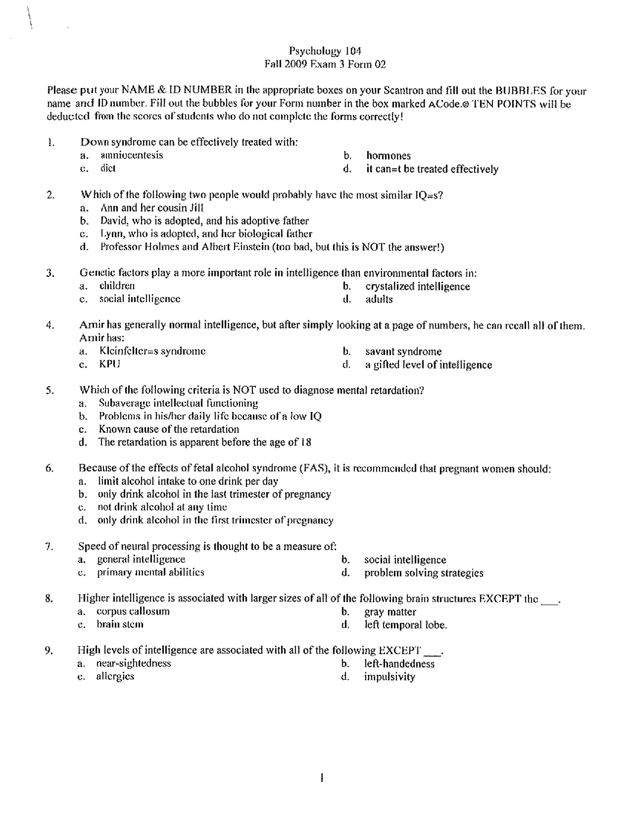 Exam 3 Form 2 with Solutions | General Psychology | PSYC 104 - Docsity