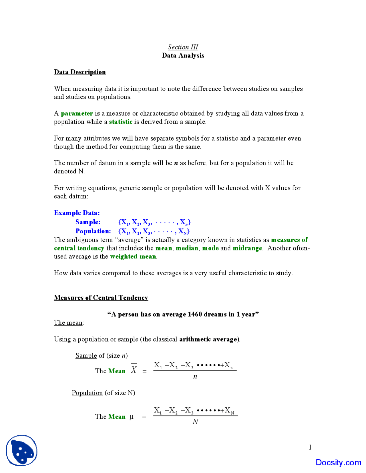 Data Analysis - Introduction to Statistics - Lecture notes | Study ...