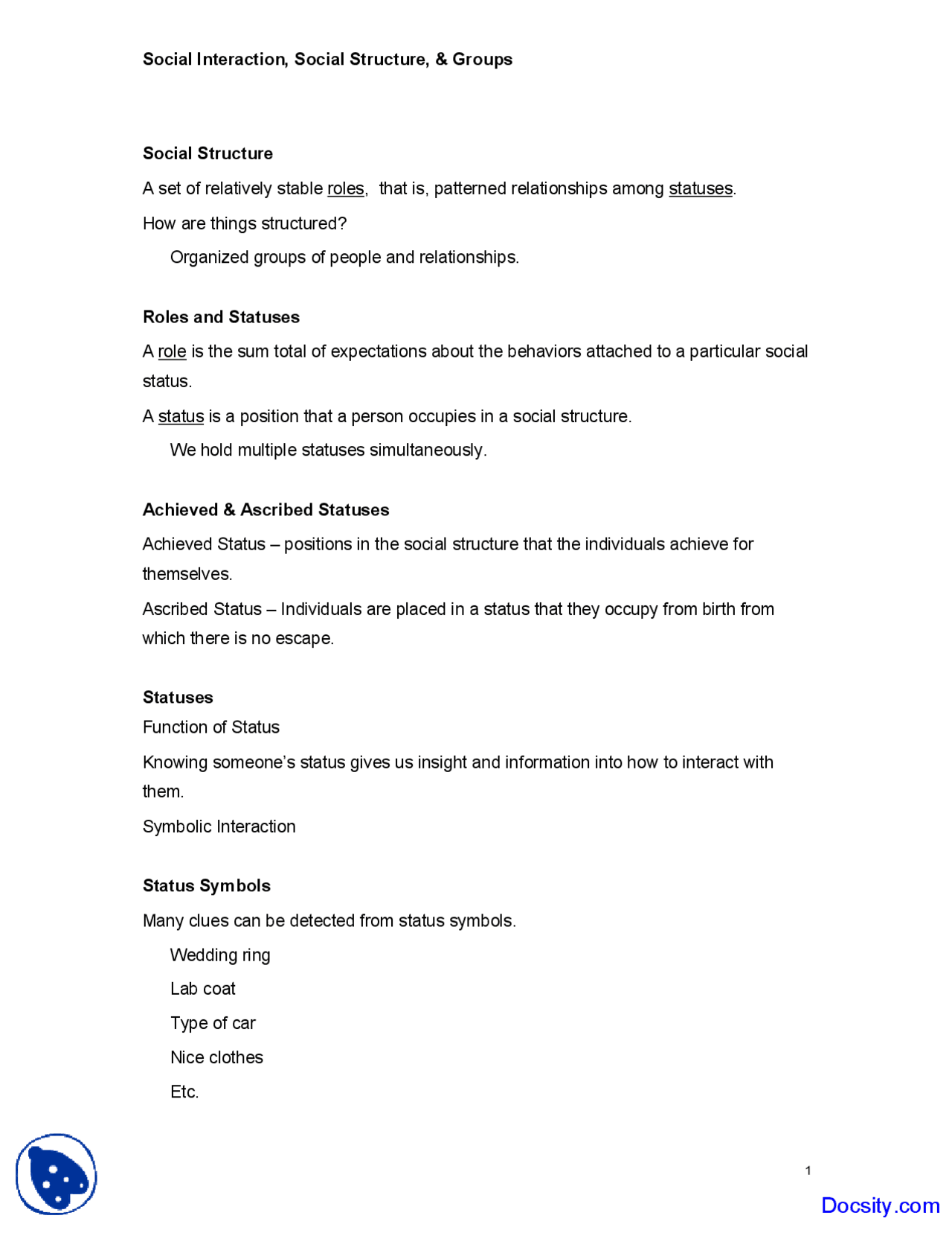 Social Structure - Sociology - Lecture Handout - Docsity