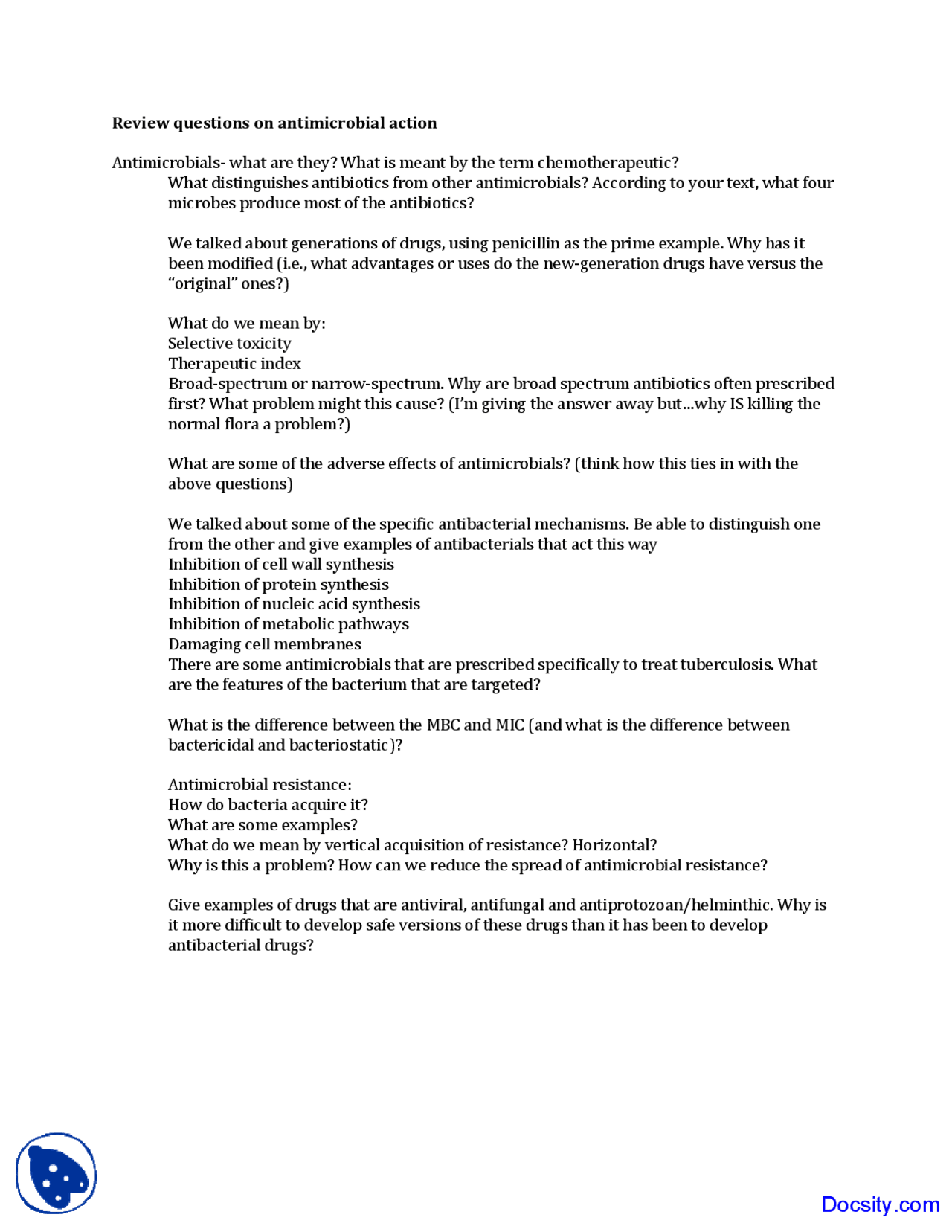 Antimicrobial Action Principles of Microbiology Quiz Docsity